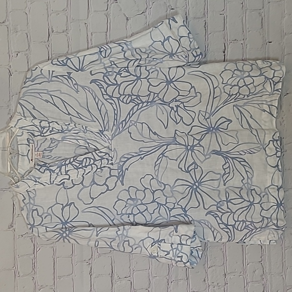 White Blue Medium Shirt Half Sleeve Linen Tropical Lightweight Popover Top